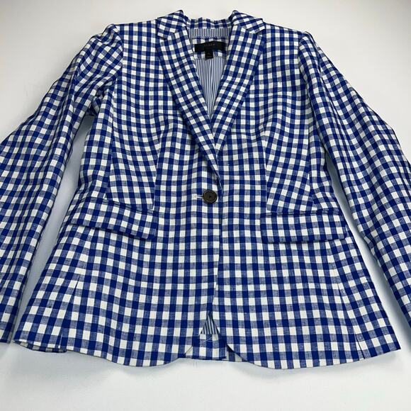 J Crew 100% Linen Campbell Blazer Jacket Navy Blue White Gingham Check Size 0 - Picture 14 of 14